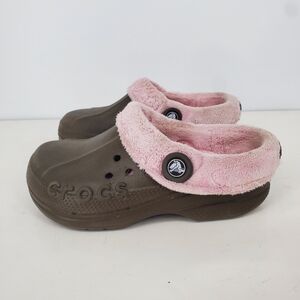 Crocs Faux Fur Lined Clogs Junior Size 3 Brown Slip On Comfort Shoes